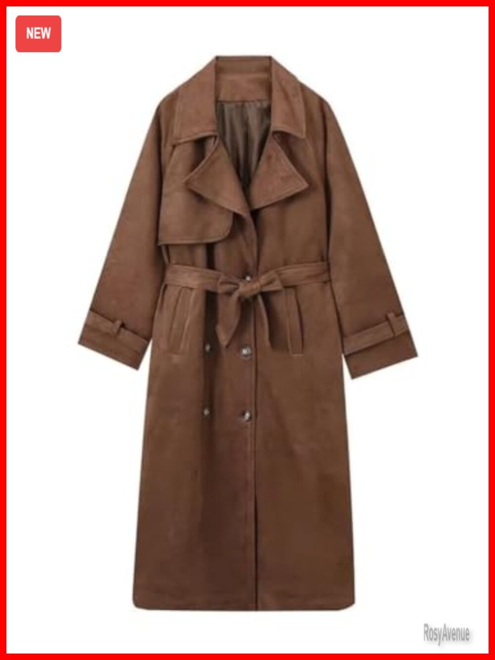 Faux Suede Trench Coat Long Double Breasted Pea Coat with Belt